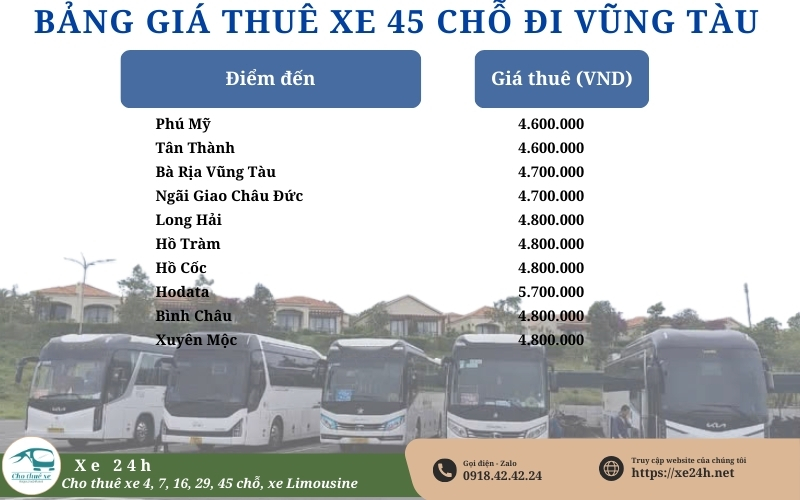 Bảng giá thuê xe 45 chỗ đi Vũng Tàu