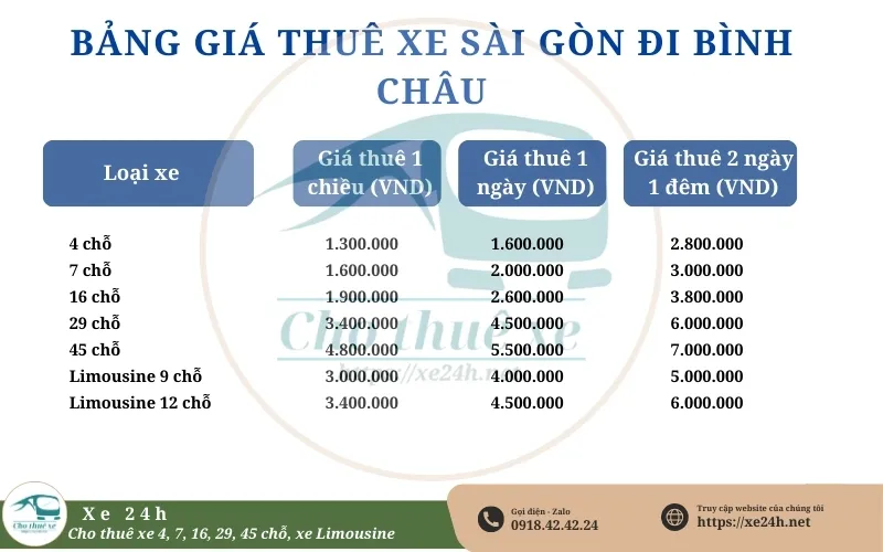 Bảng giá cho thuê xe Sài Gòn đi Bình Châu